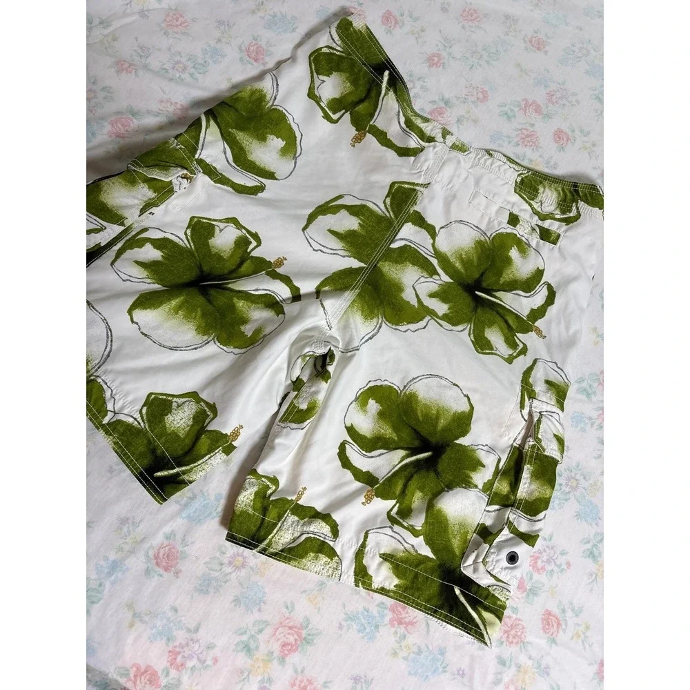 Hollister Board Shorts swim trunks Mens XL Green White EUC Floral‎ Hibiscus